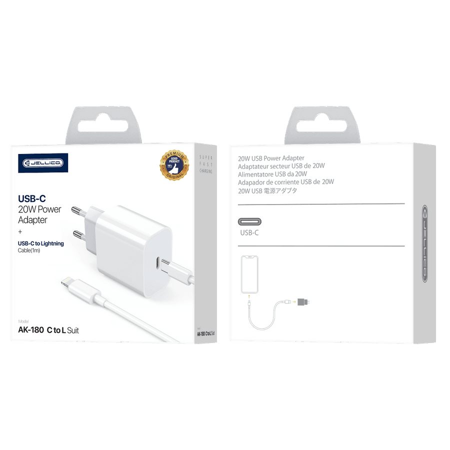 JELLICO Ładowarka sieciowa - AK180 PD 20W USB-C+ kabel USB-C / Lightning zestaw biały