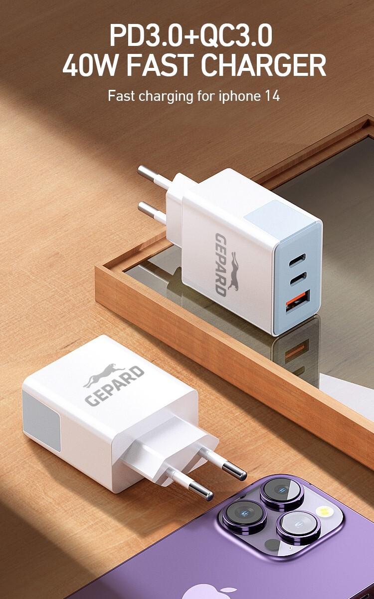 GEPARD wall charger PD 40W 2x USB-C + USB-A White