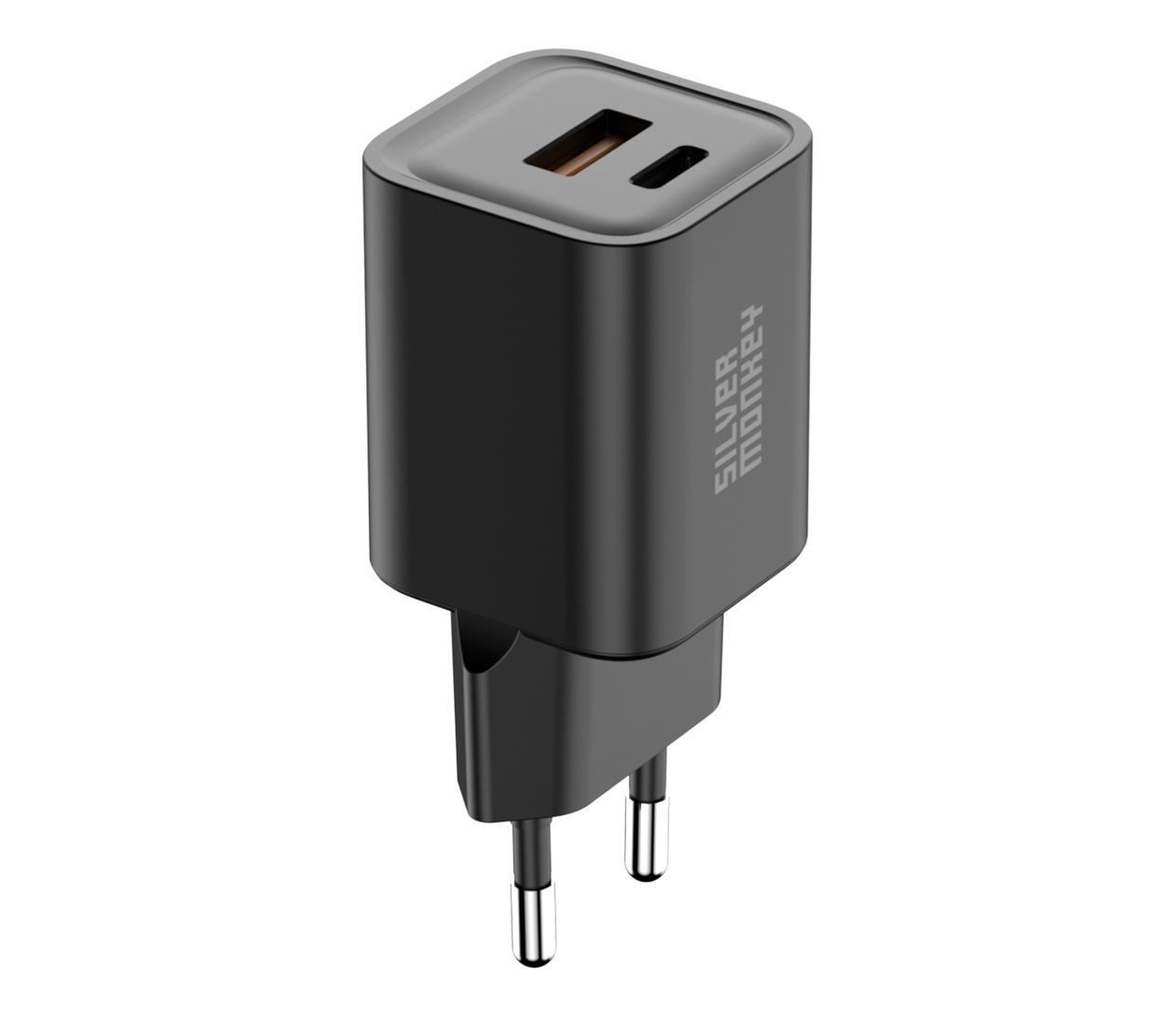 Silver Monkey GaN 35W Wall Charger USB-C PD, USB-A QC Black