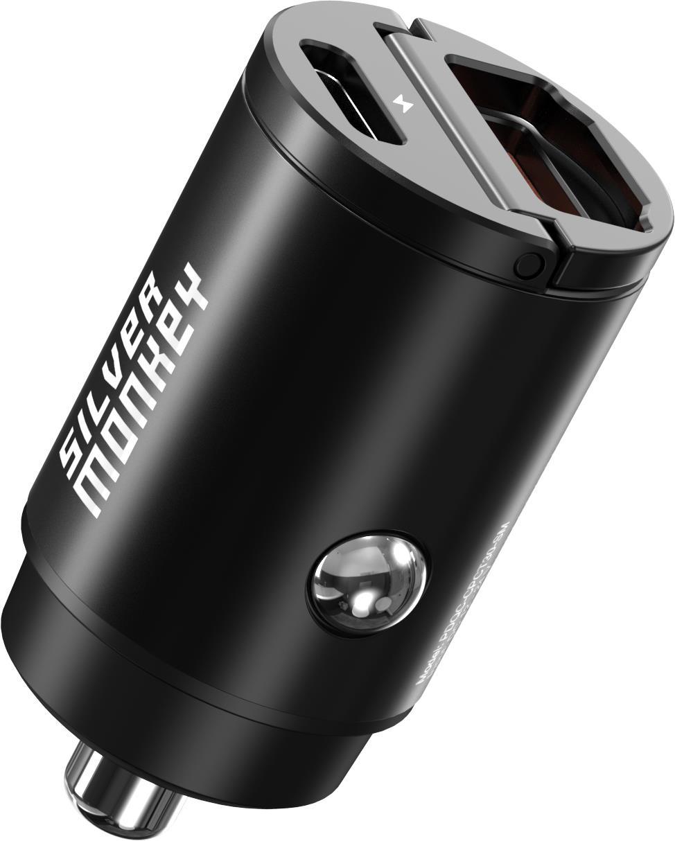 Silver Monkey Car Charger USB-C PD, USB-A QC, 30W Black