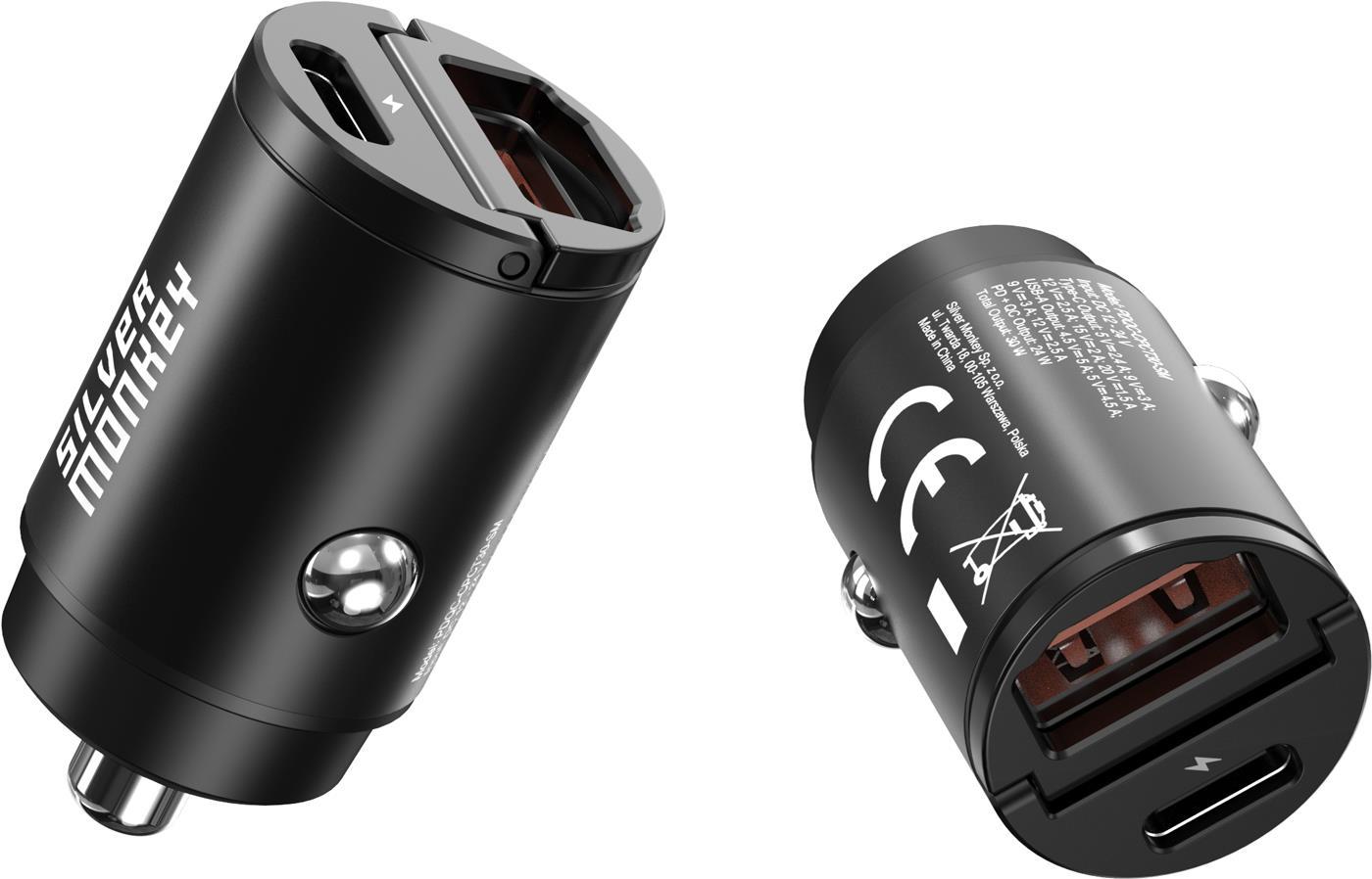 Silver Monkey Car Charger USB-C PD, USB-A QC, 30W Black