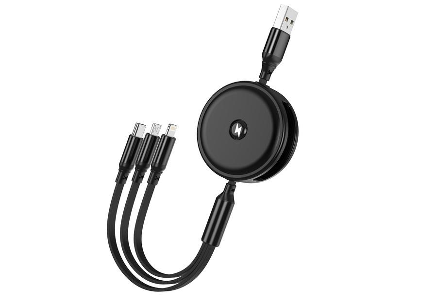 Kabel JELLICO - B19 USB / USB-C + Lightning + microUSB 3.1A zatahovací 1,2 m černý