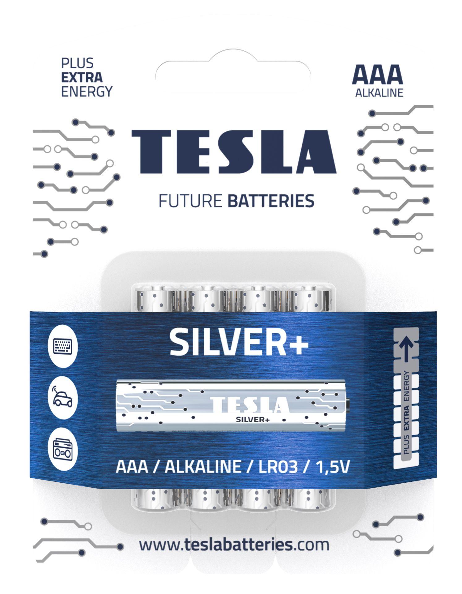 Alkalické baterie Tesla AAA/LR03/1,5V 4kusy Silver+