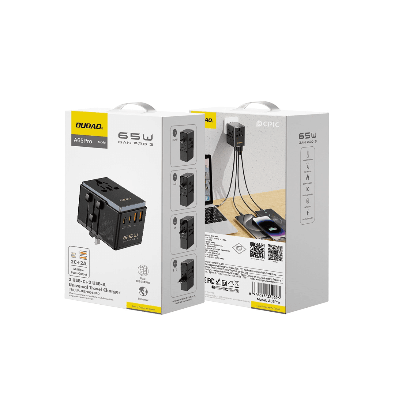 Dudao A65Pro 65W EU / US / JP / AUS / UK travel adapter 2x USB-C 2x USB-A - black