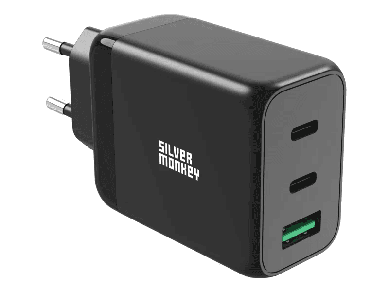 Silver Monkey GaN 65W nabíječka se dvěma USB-C PD a USB-A QC 3.0 černá