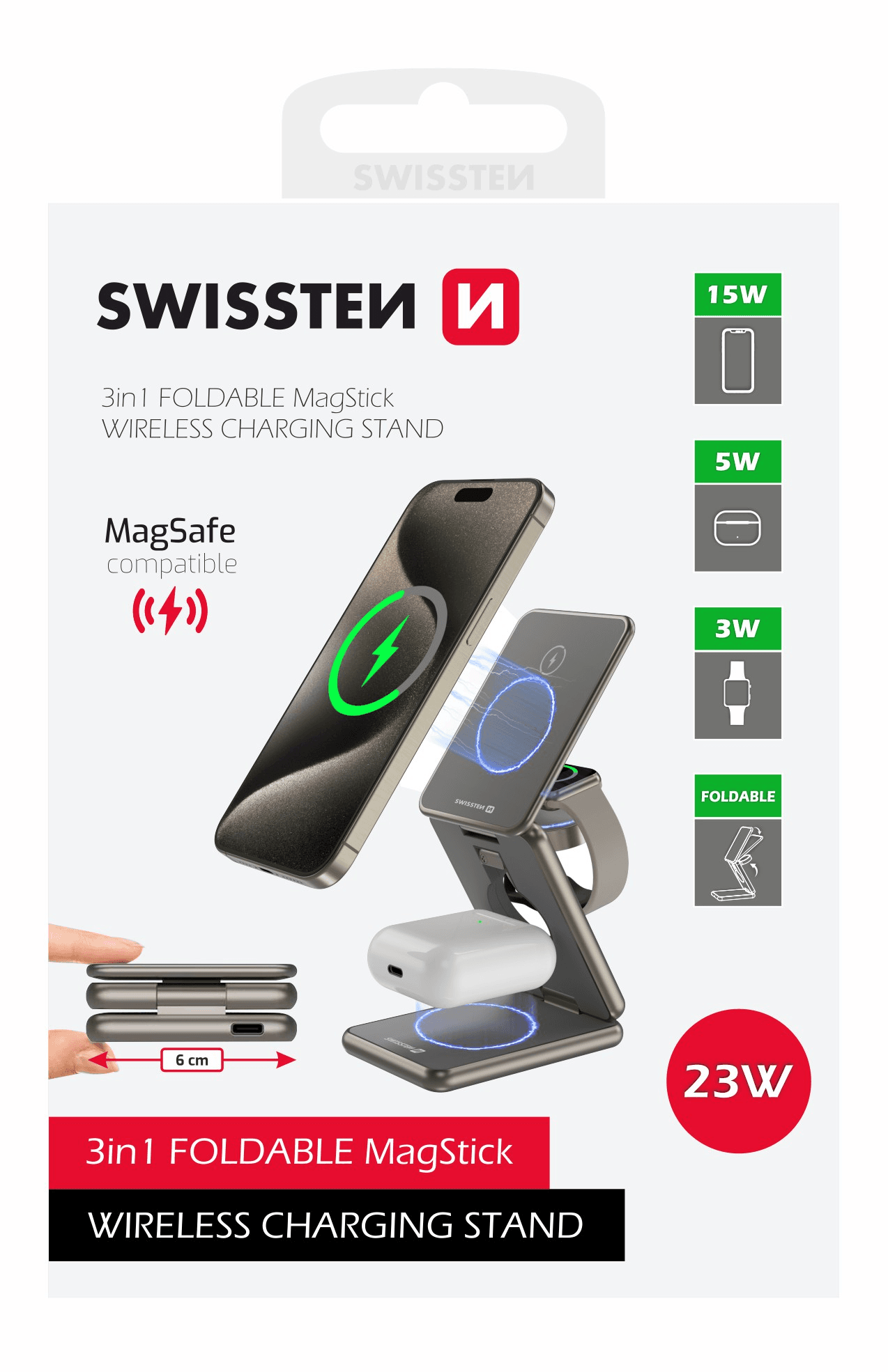 Swissten 3v1 Bezdrátová nabíječka iPhone Apple Watch airpods 23W Magsaffe šedá