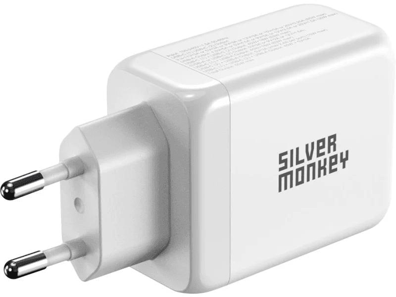 Silver Monkey GaN 65W Wall Charger 2x USB-C PD, USB-A QC 3.0 White