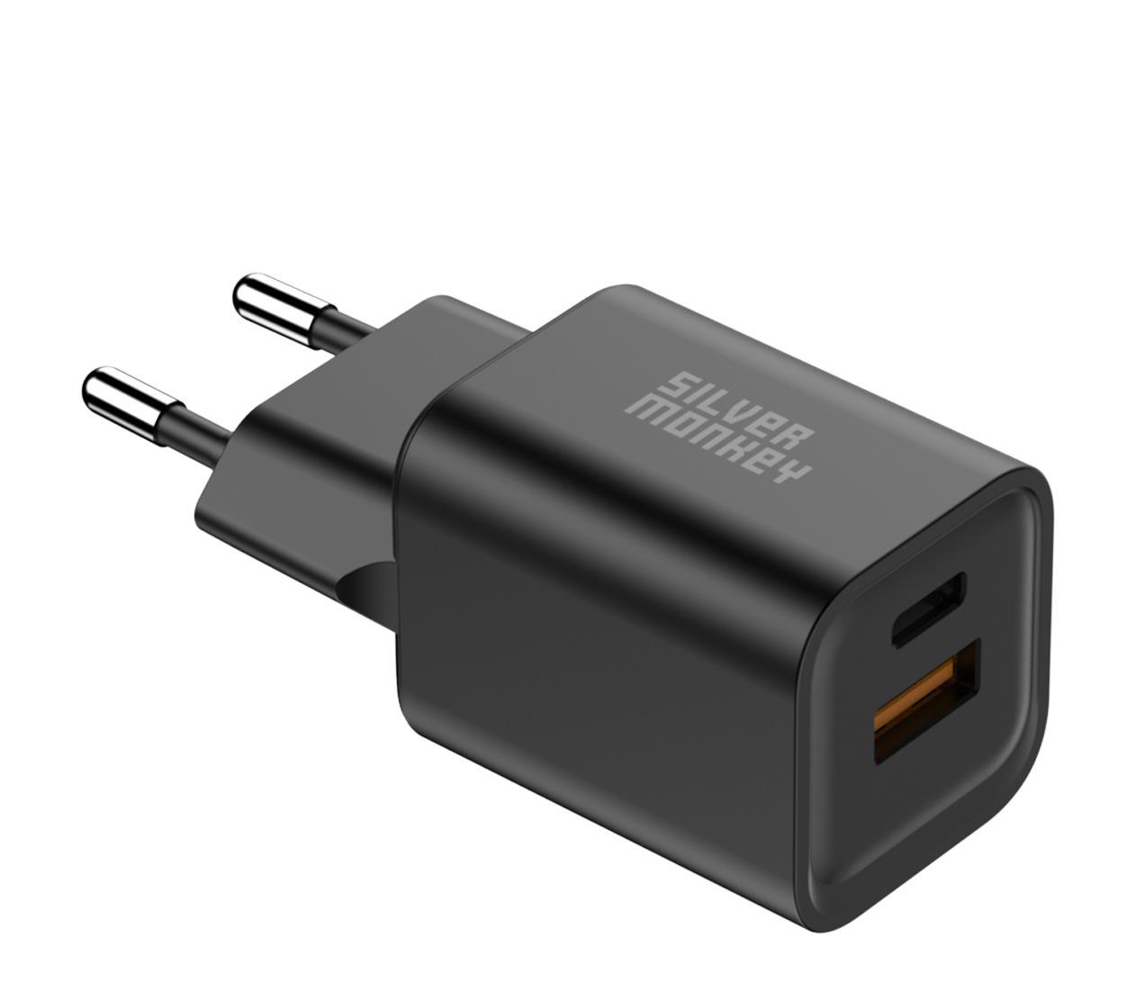 Silver Monkey GaN 35W Wall Charger USB-C PD, USB-A QC Black