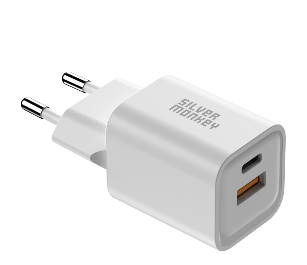 Silver Monkey Síťová nabíječka GaN 35W USB-C PD, USB-A QC bílá