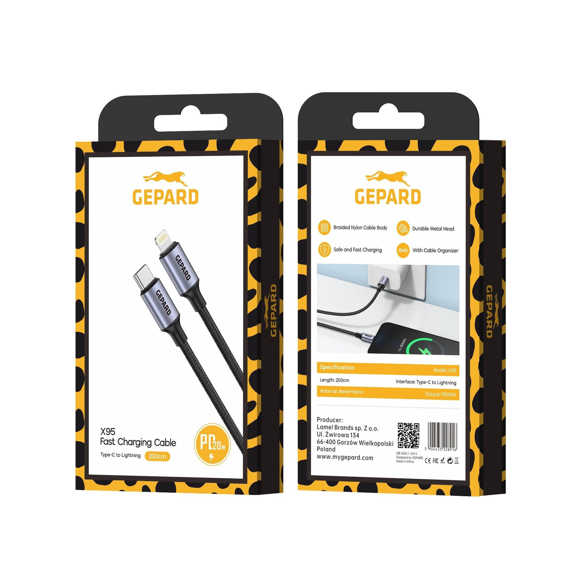 GEPARD kabel USB-C - Lightning PD 20W metal 1,2 m czarny