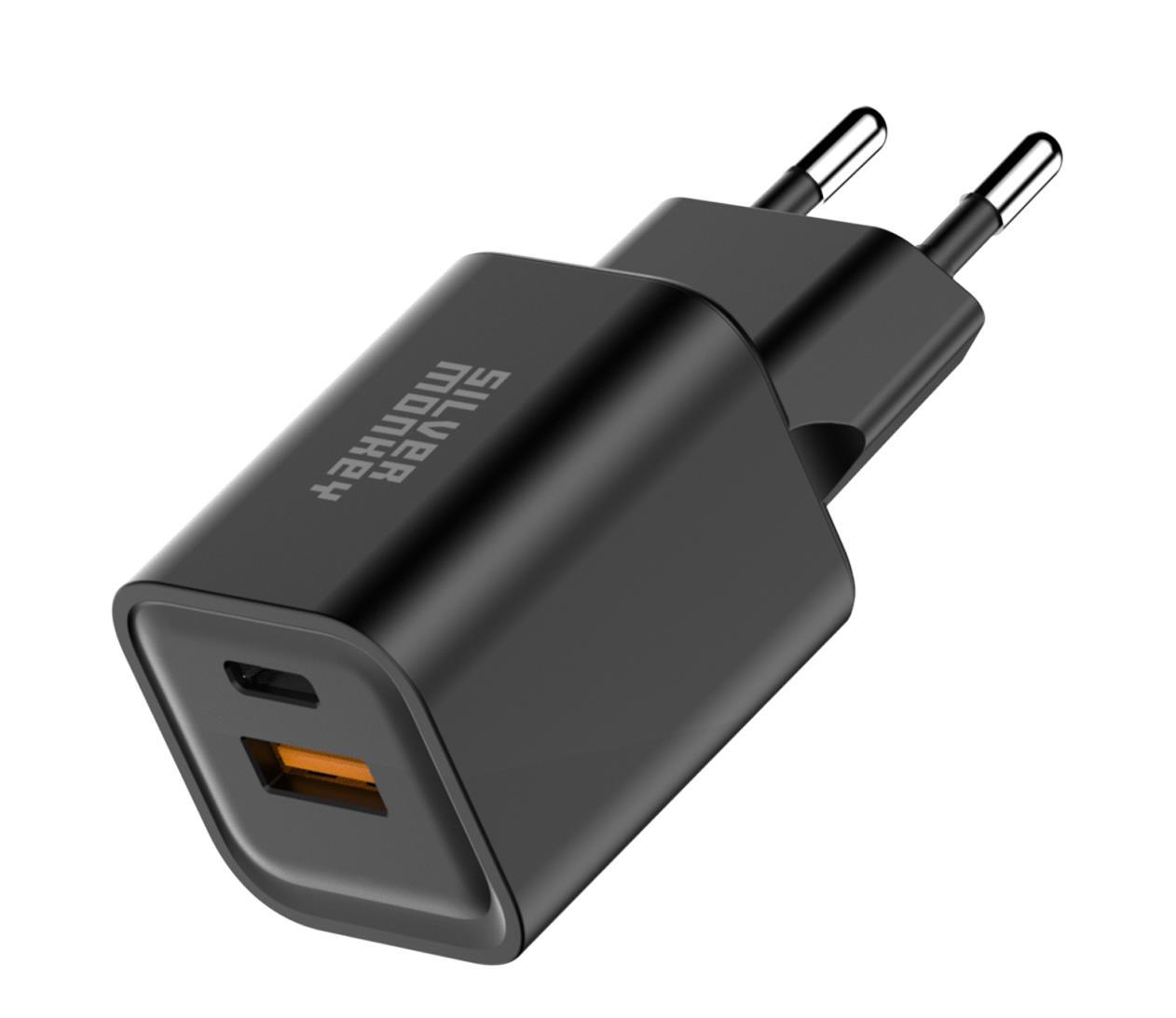 Silver Monkey GaN 35W Wall Charger USB-C PD, USB-A QC Black