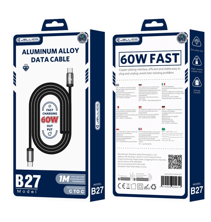JELLICO kabel - B27 USB-C / USB-C 60W PD opletený 1m černý