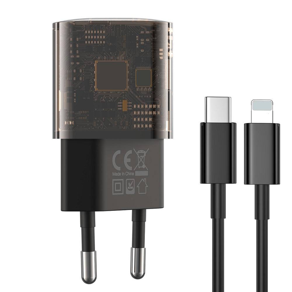 XO čirá síťová nabíječka CE05 PD 30W QC 3.0 18W 1X USB 1X USB-C kouř. černý + USB-C kabel ligtning