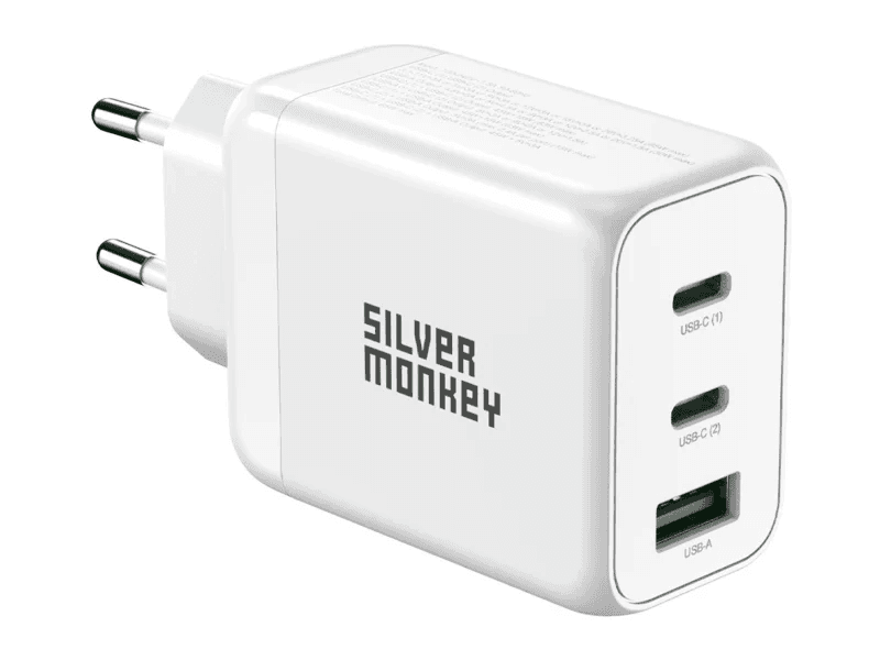 Silver Monkey GaN 65W síťová nabíječka 2x USB-C PD, USB-A QC 3.0 bílá