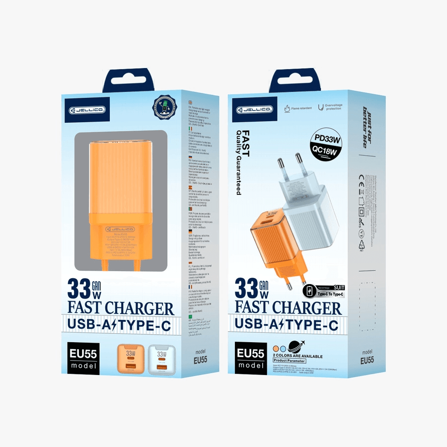 JELLICO wall charger EU55 GaN PD 33W 1xUSB-C + 1xUSB QC3.0 Orange