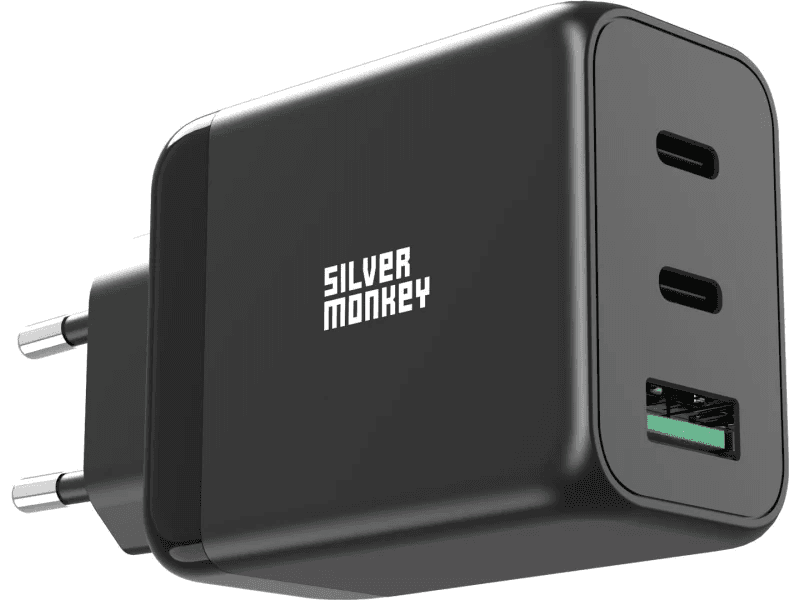 Silver Monkey GaN 65W Wall Charger 2x USB-C PD, USB-A QC 3.0 Black