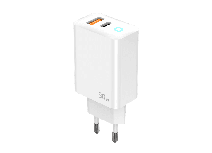 JELLICO ładowarka sieciowa - EU13 GaN PD 30W 1x USB-C + 1x USB QC3.0 + kabel USB-C / Lightning zestaw biały
