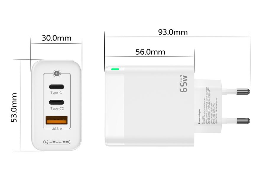 Jellico síťová nabíječka nabíječka C79 GaN PD 65W 2x USB-C + 1x USB QC3.0 bílá