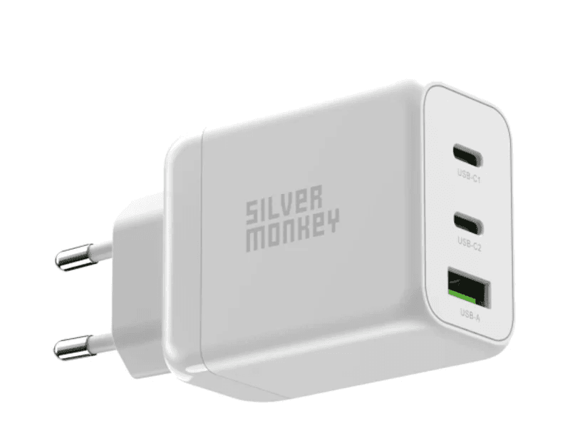 Silver Monkey GaN 65W síťová nabíječka 2x USB-C PD, USB-A QC 3.0 bílá