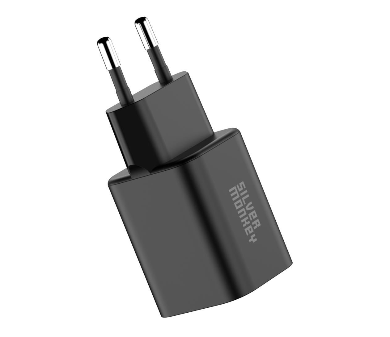 Silver Monkey GaN 35W Wall Charger USB-C PD, USB-A QC Black