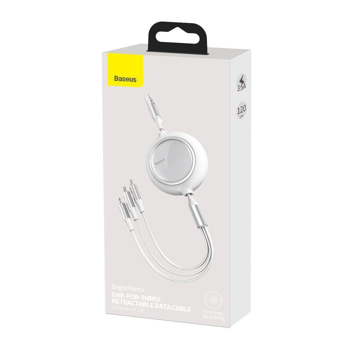 Baseus Kabel USB 3w1 Bright Mirror, micro USB / Lightning / USB-C, płaski, 3.5A, 1.2m (biały)