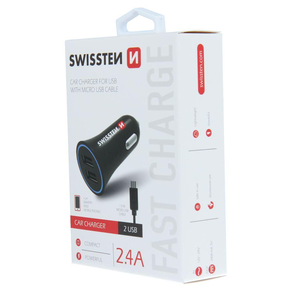 Swissten autonabíječka 2,4A napájení 2x USB + Micro USB kabel