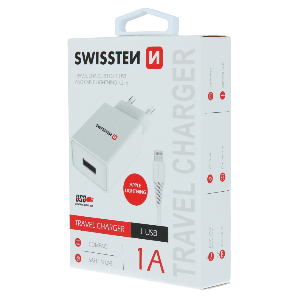 SWISSTEN TRAVEL CHARGER SMART IC WITH 1x USB 1A POWER + DATA CABLE USB / LIGHTNING 1,2 M WHITE