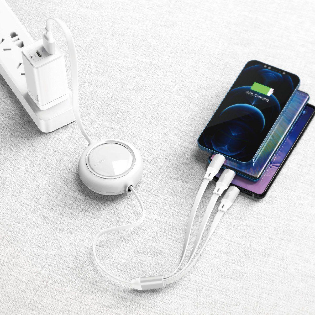 Baseus Kabel USB 3w1 Bright Mirror, micro USB / Lightning / USB-C, płaski, 3.5A, 1.2m (biały)