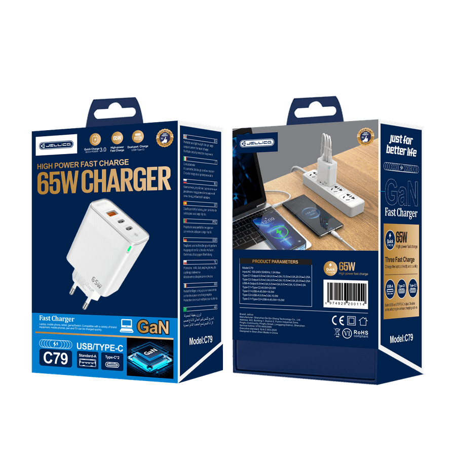JELLICO wall charger C79 GaN PD 65W 2xUSB-C + 1xUSB QC3.0 White
