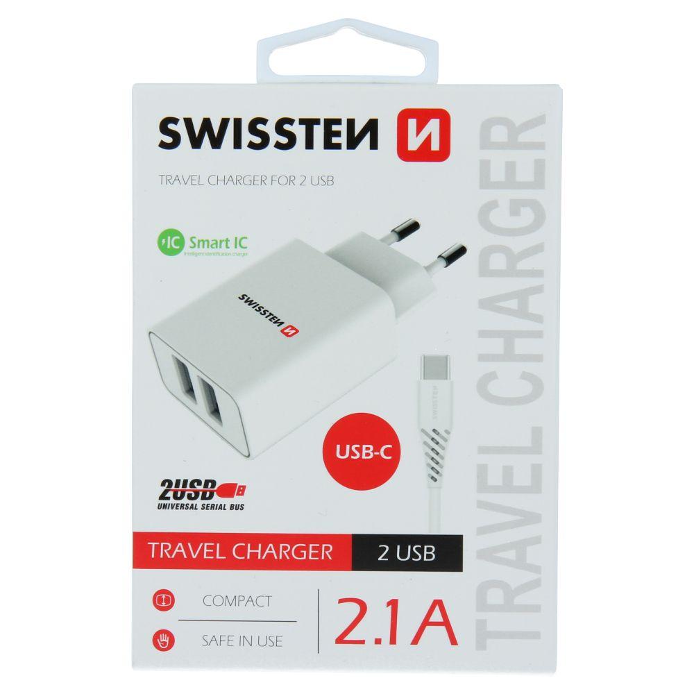 Swissten síťová nabíječka Smart IC 2x USB 2,1A power + USB datový kabel TYP-C 1,2m bílý