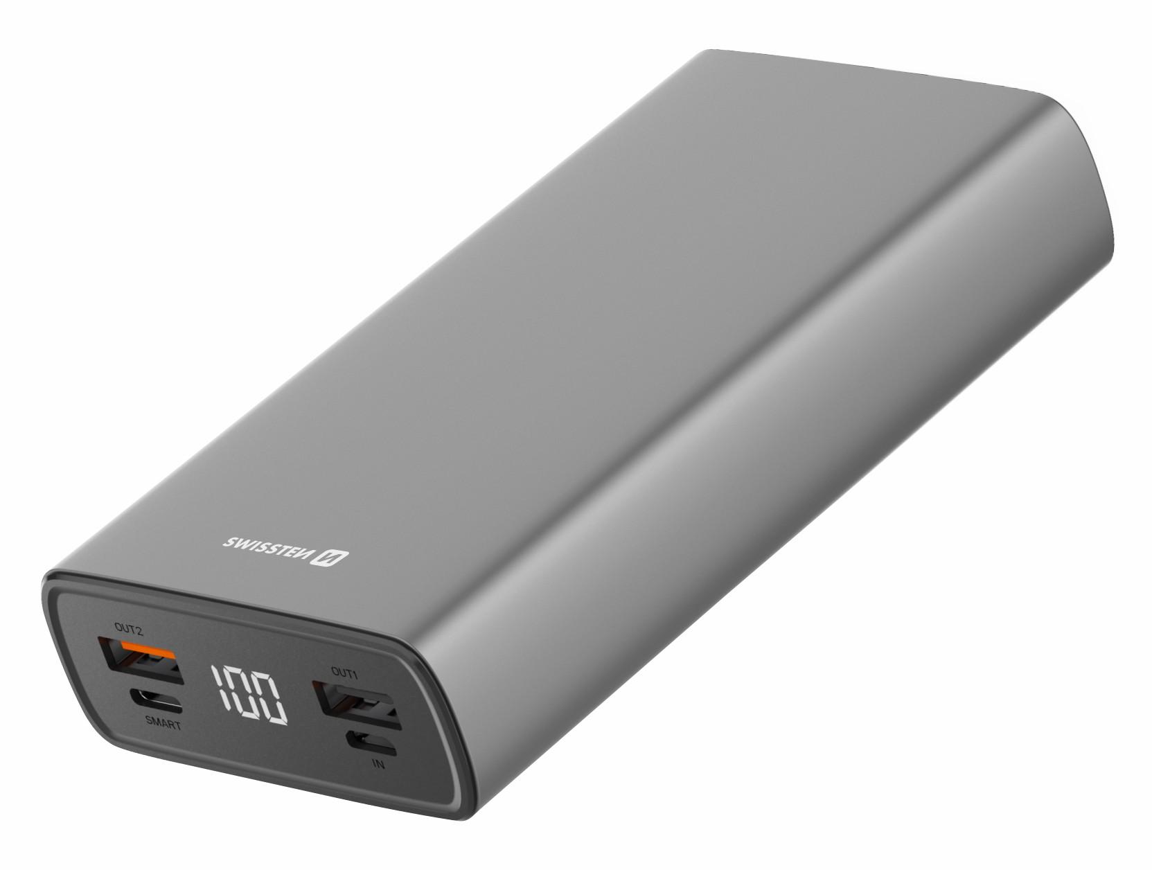 Swissten hliníková powerbanka 2x USB-A - USB-C - PD & QC - 20W - 20000mAh šedá rychlonabíjecí pro 4ři zařízení