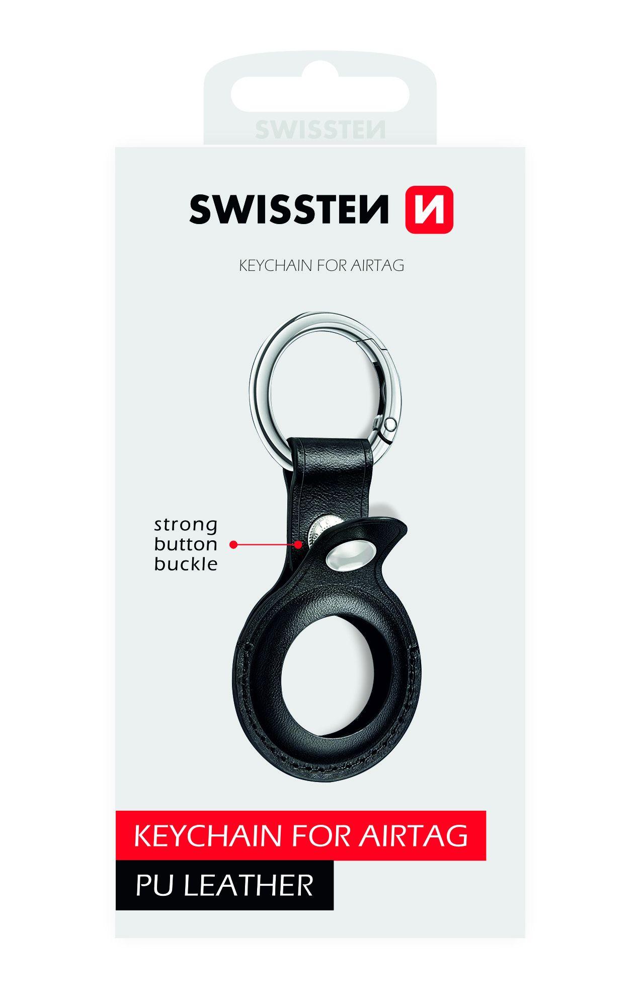 Swissten AirTag klíčenka černá - Klíčenka pro Airtag lokátor, vyrobená z vysoce kvalitní PU kůže s kroužkem na zavěšení
