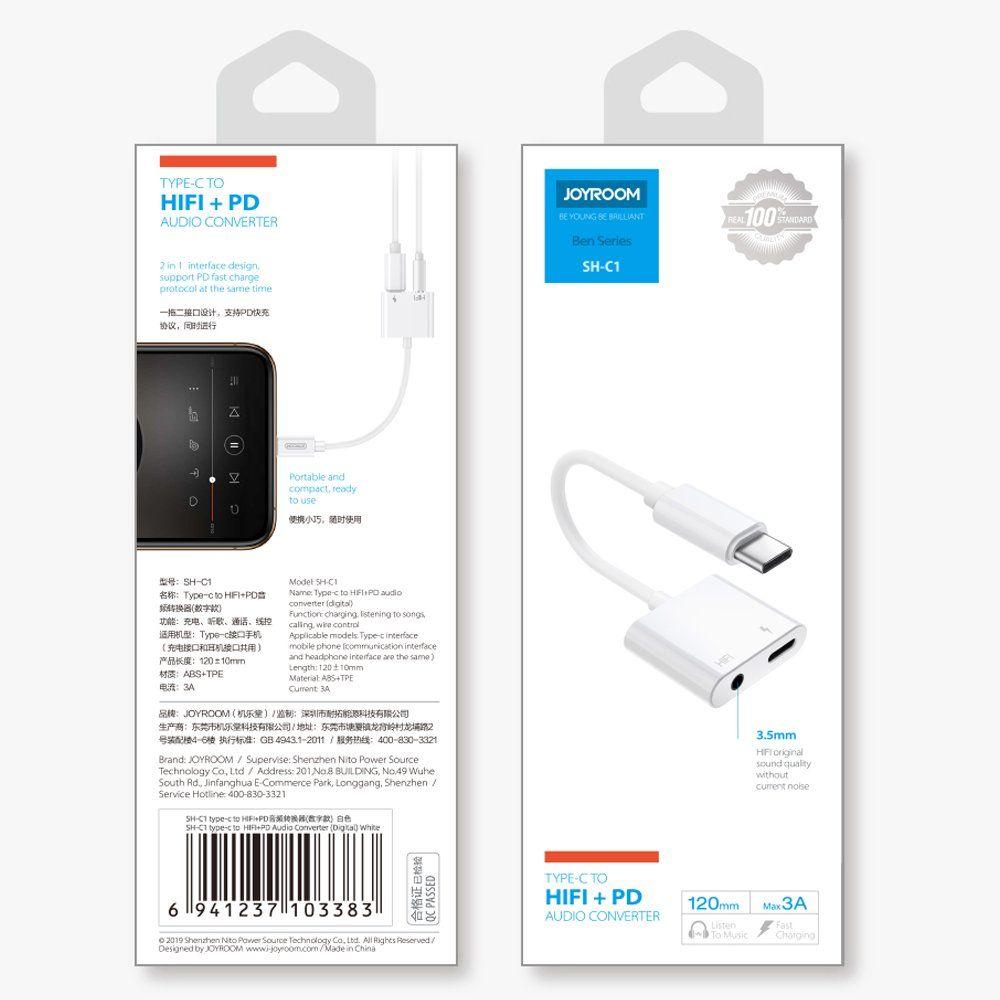 Joyroom USB Type C - USB Type C / 3,5 mm mini jack headphone adapter audio and charging white (SH-C1)