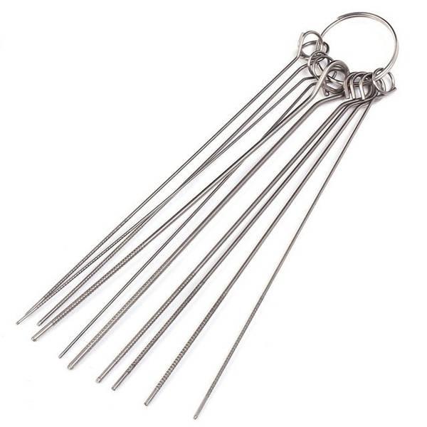 A set of 10 steel needles for desoldering electronic components
