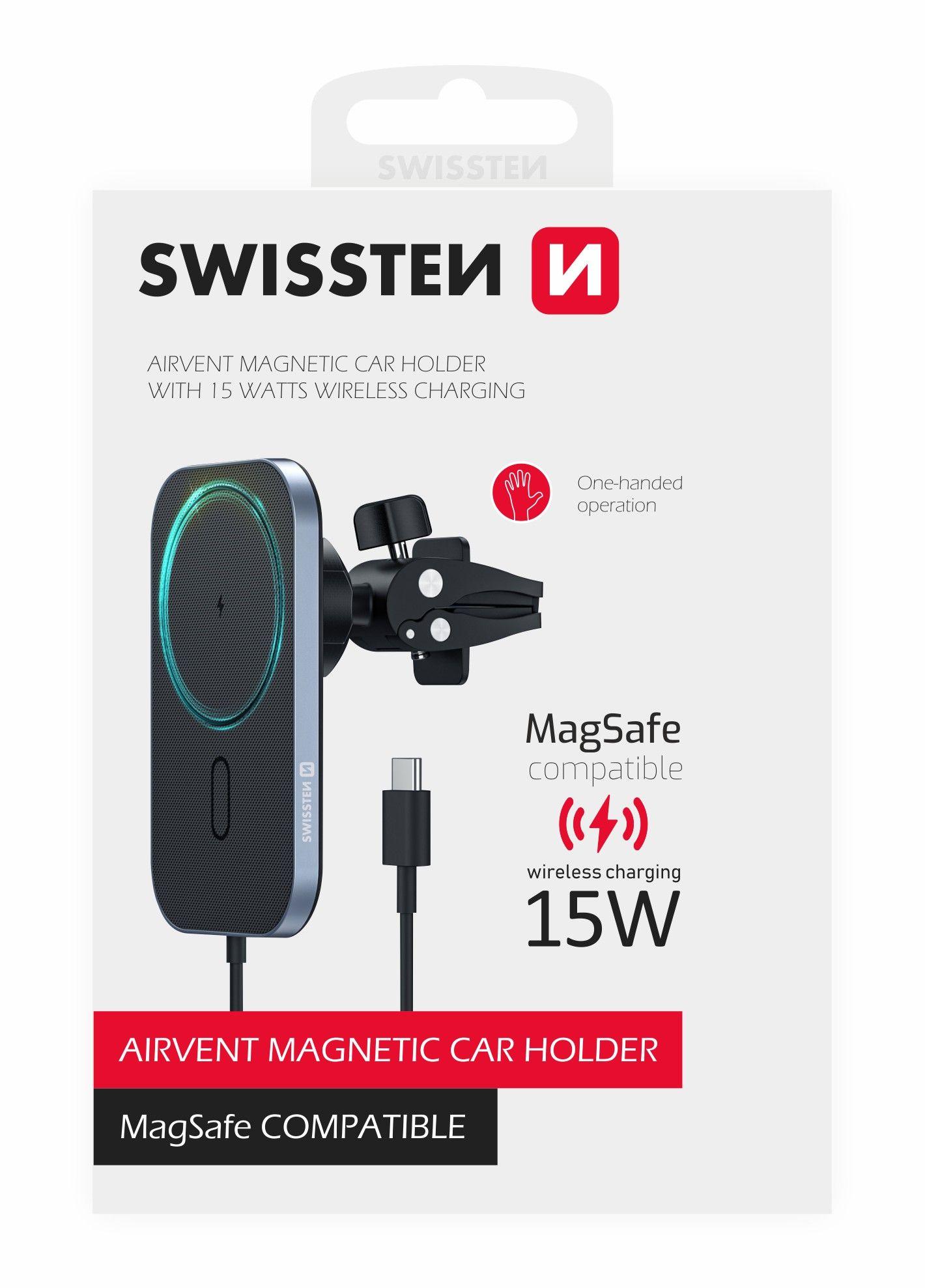 Swissten Magnetický držák na ventilační mřížku s bezdrátovým nabíjením - Magnetický držák s vysokým výkonem a kompatibilitou s MagSafe a Qi nabíjením (15W)