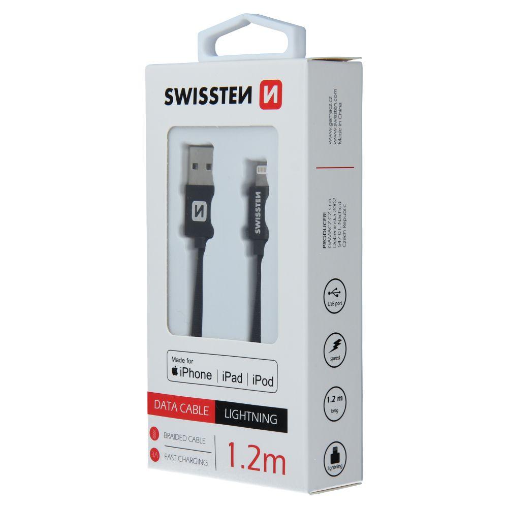 Swissten datový opletový textilní USB kabel lightning 1.2m černý