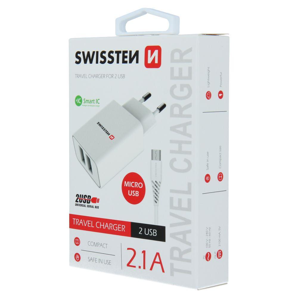 SWISSTEN TRAVEL CHARGER SMART IC WITH 2x USB 2,1A POWER + DATA CABLE USB / MICRO USB 1,2 M WHITE
