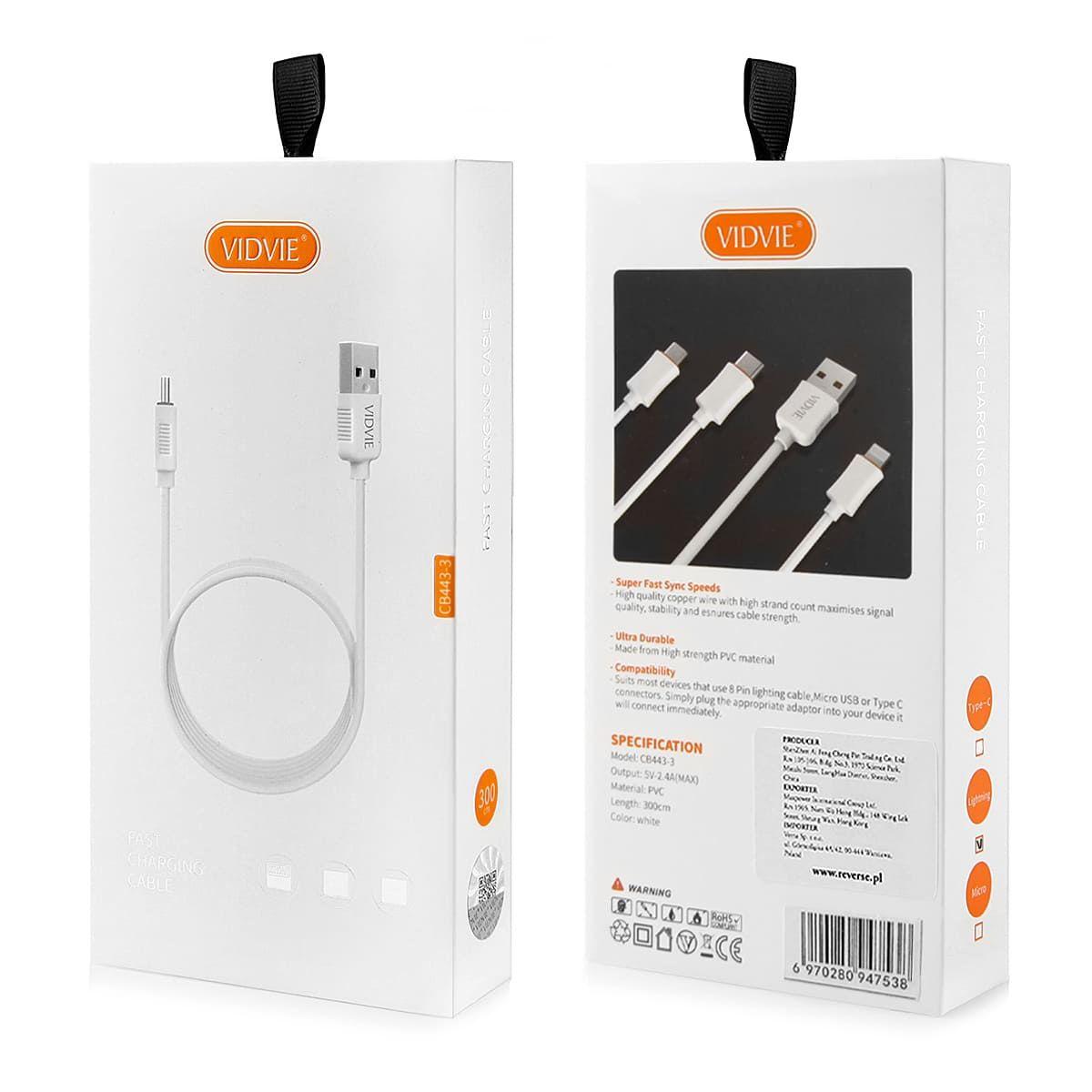 Cable VIDVIE CB443-3 USB/iPhone 3m White