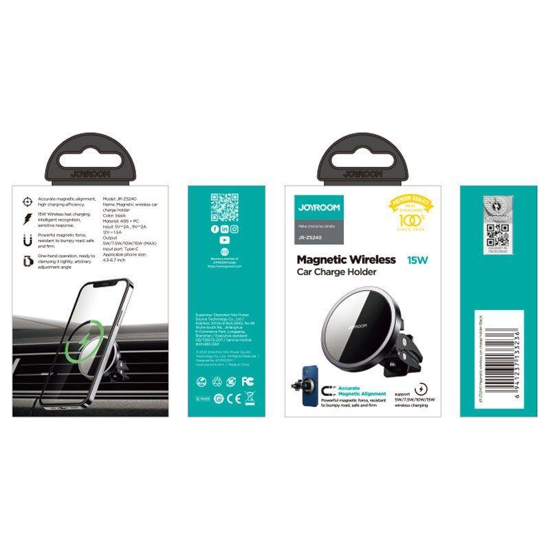 Joyroom samochodowy uchwyt magnetyczny bezprzewodowa indukcyjna ładowarka Qi 15 W (kompatybilna z MagSafe do iPhone) czarny (JR-ZS240)