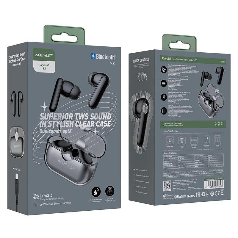 Acefast in-ear wireless headphones TWS Bluetooth 5.2, cVc 8.0, aptX, waterproof IPX7 black (T3 black)