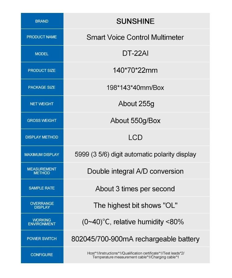 SUNSHINE DT-22AI Inteligentny multimetr / miernik do sterowania głosem