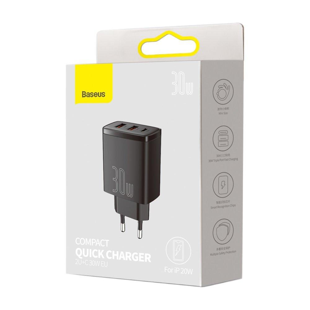 Baseus Compact szybka ładowarka sieciowa 2x USB / USB Typ C 30W 3A Power Delivery Quick Charge czarny (CCXJ-E01)