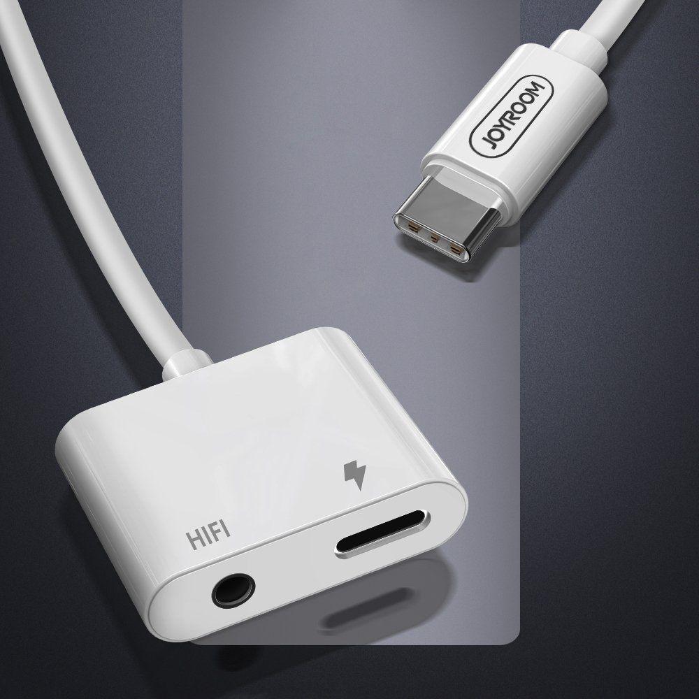 Joyroom adapter przejściówka rozdzielacz słuchawkowy USB Typ C - USB Typ C / 3,5 mm mini jack biały (SH-C1)