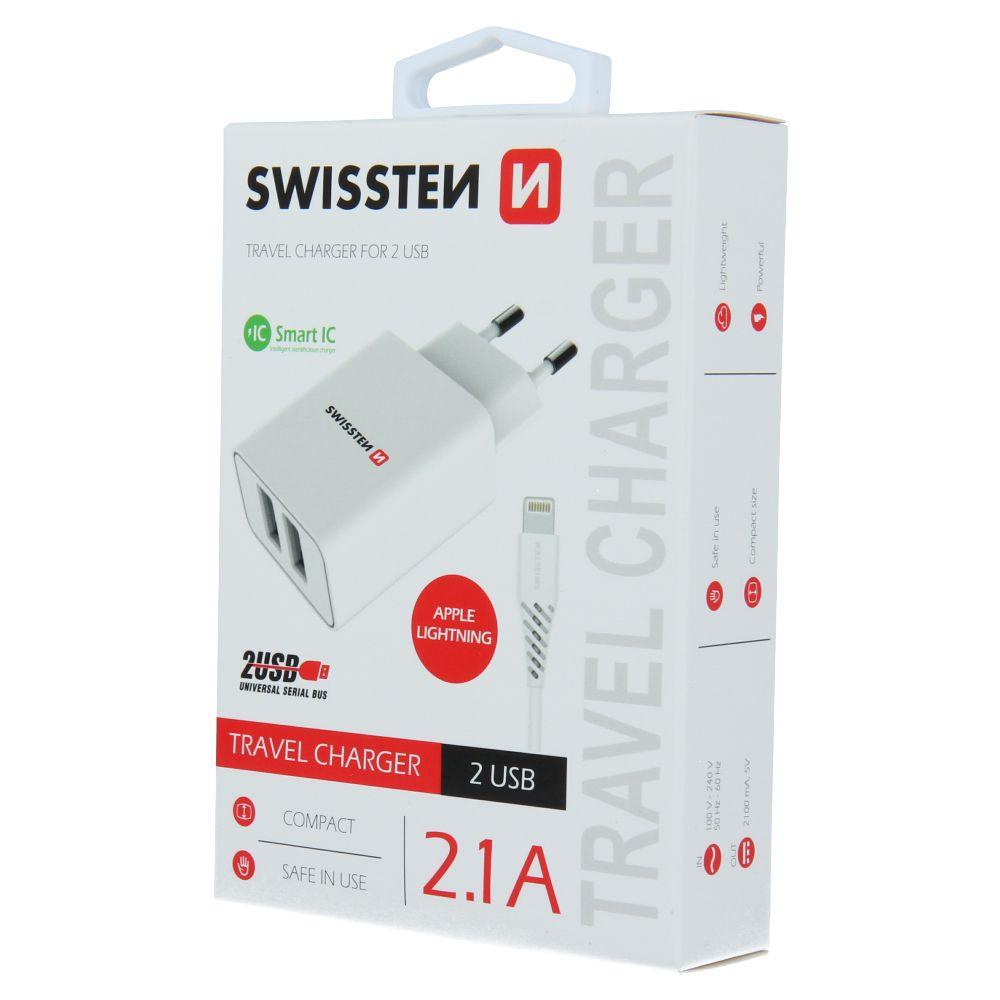 SWISSTEN ŁADOWARKA SIECIOWA ADAPTER SMART IC 2x USB 2,1A + KABEL USB / LIGHTNING 1,2 M BIAŁA