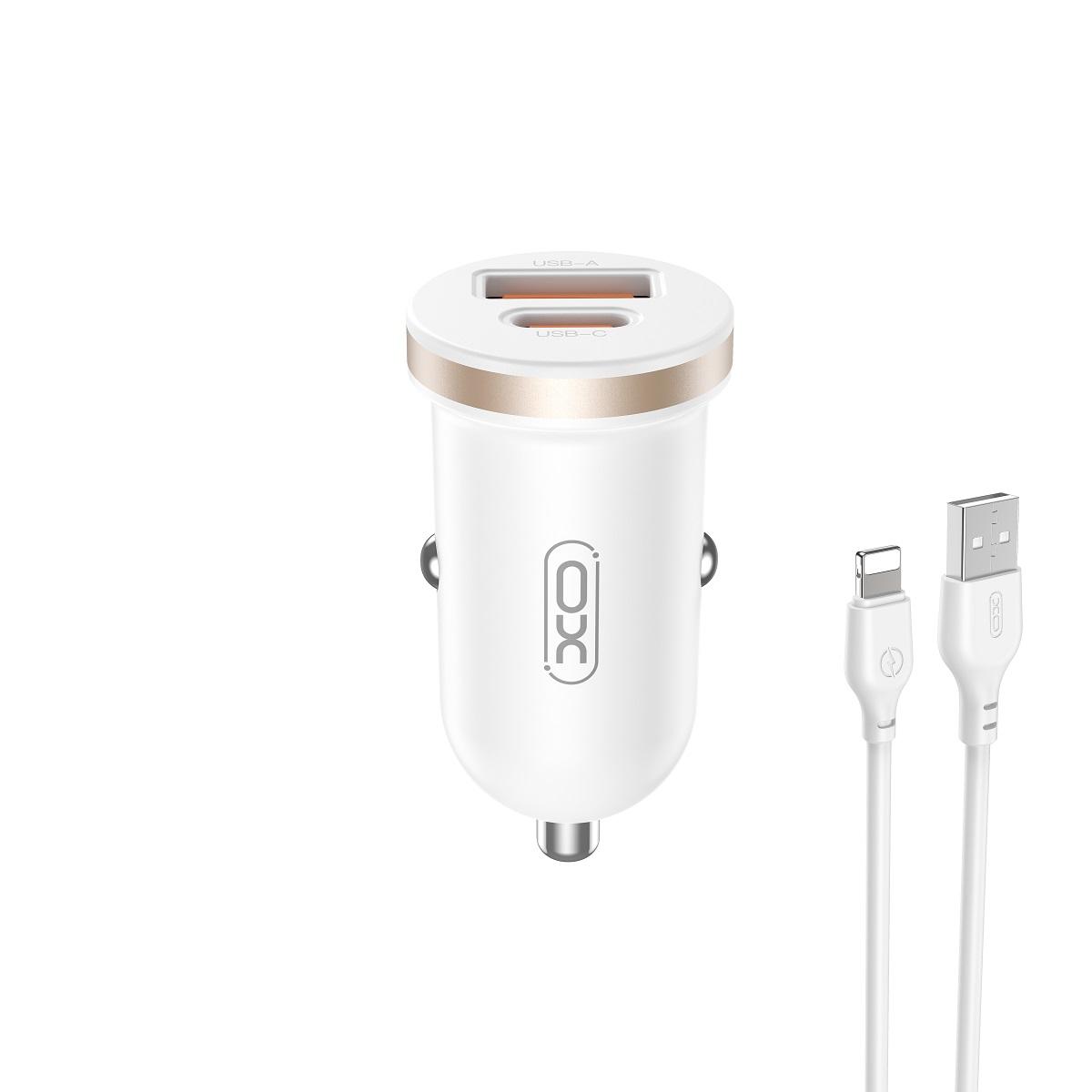 XO car charger CC56 PD 30W QC 1x USB 1x USB-C white + USB - Lightning cable