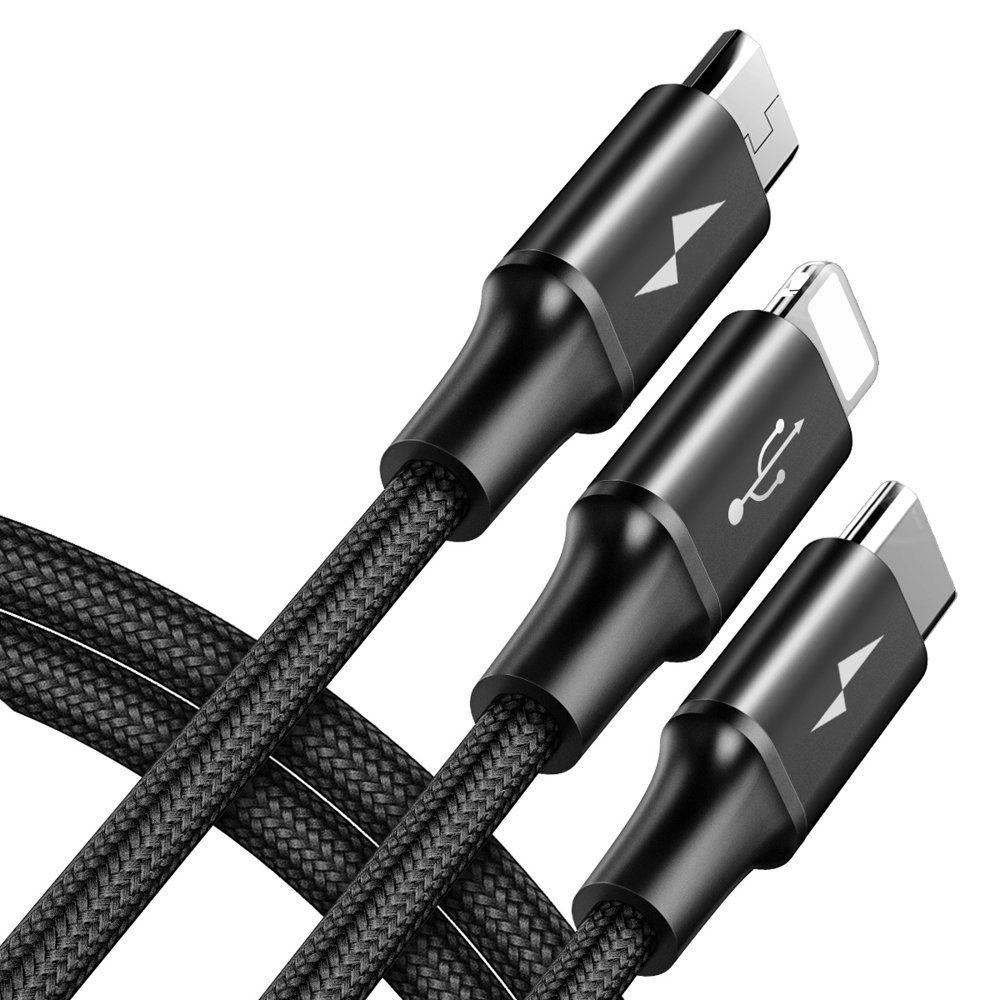 Baseus Rapid kabel 3w1 USB - micro USB / Lightning / USB-C w nylonowym oplocie 3A 1,2M czarny (CAMLT-SU01)