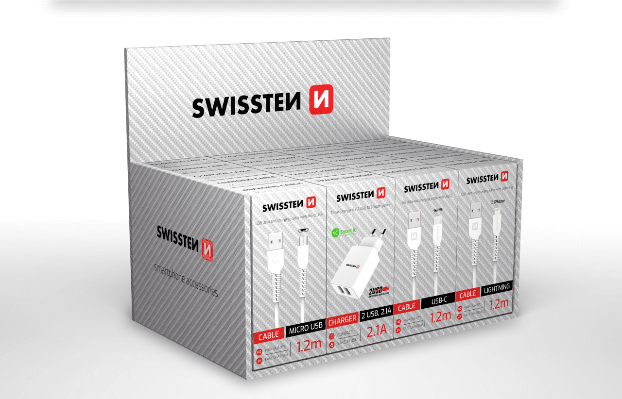 SWISSTEN BOX - 5 PCS MICRO USB CABLE + 5 PSC LIGHTNING CABLE + 5 PCS USB-C CABLE + CHARGER 2X USB 5 PCS