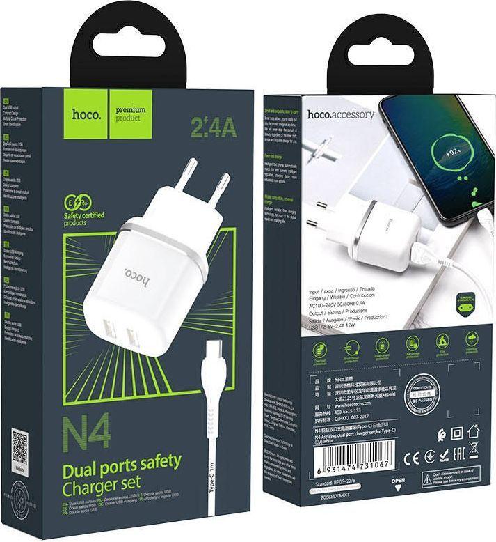HOCO Charger 12W (2.4A) 2x USB + Cable Type C N4 - white