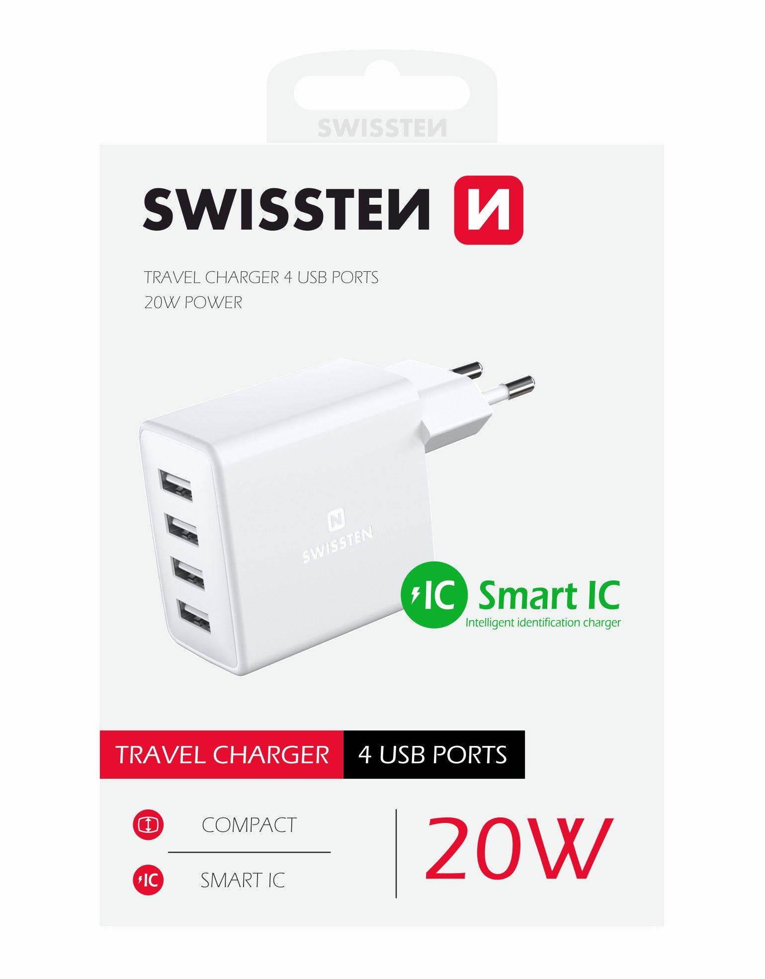 SWISSTEN TRAVEL CHARGER WITH 4x USB 4A 20W WHITE
