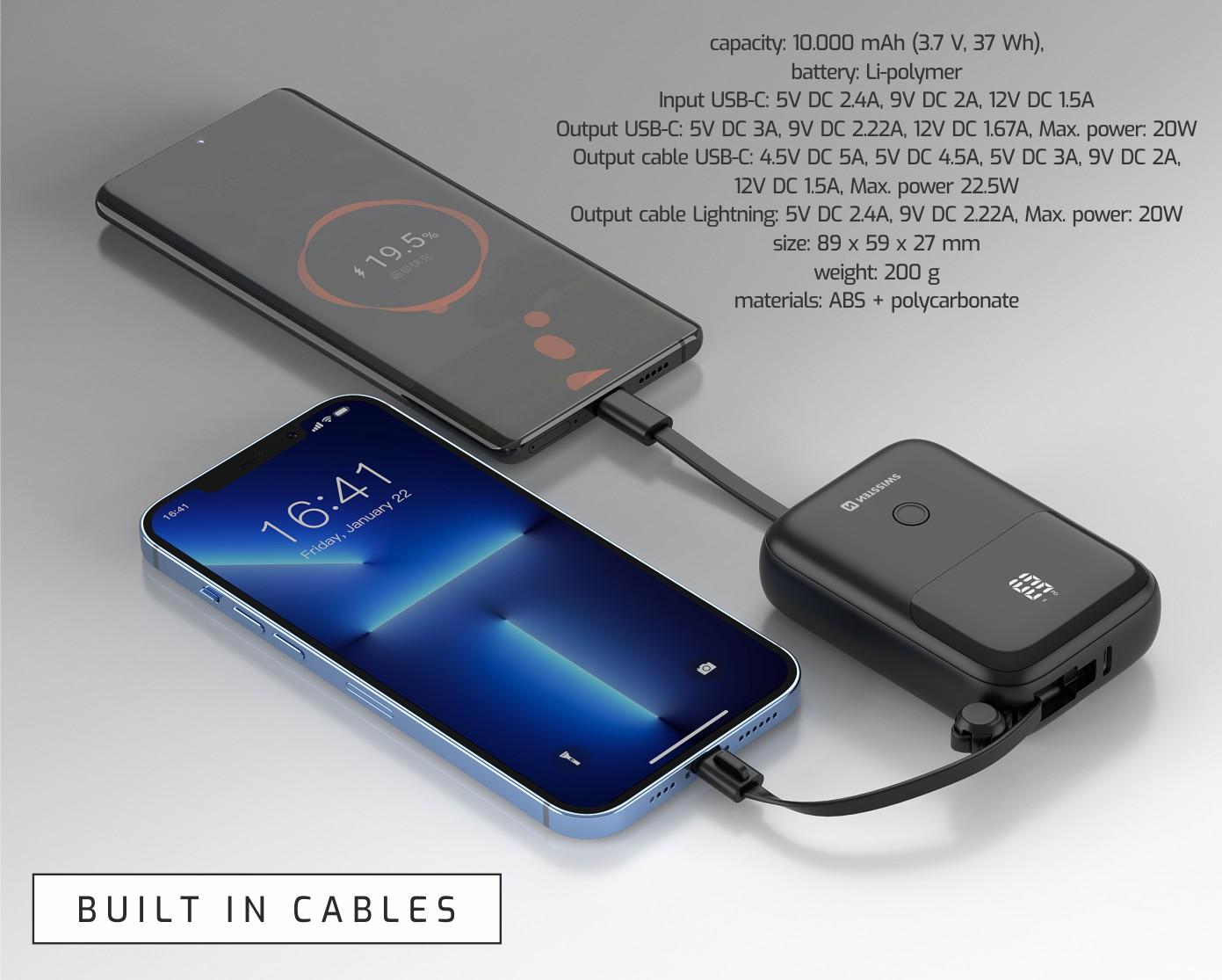 SWISSTEN POWER BANK 10000 mAh 22,5W WITH BUILT-IN CABLES USB-C AND LIGHTNING